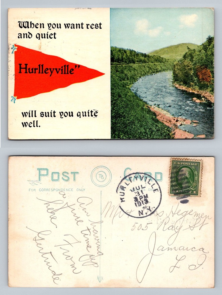 Hurleyville, NY-New York, River Valley Scenic View Vintage c1913 Postcard
