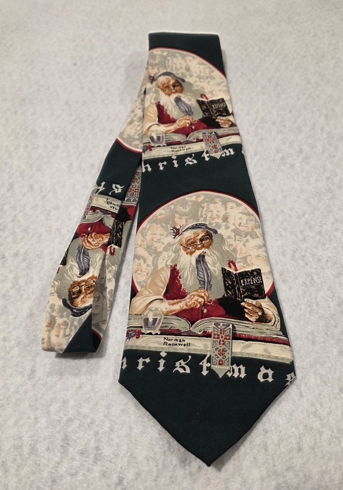 Norman Rockwell Mens Necktie Tie Silk Santa Christmas Books Feather Pen VTG 1993