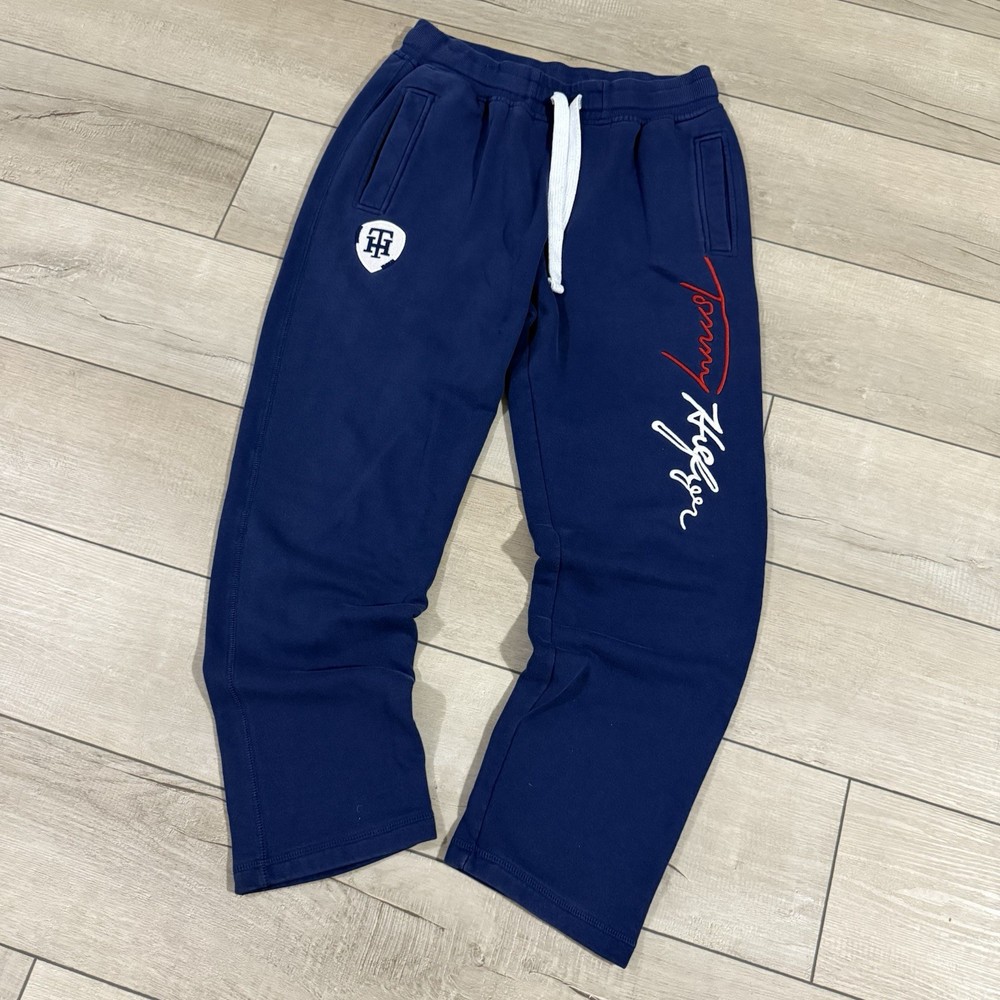 Tommy Hilfiger Navy Logo Spellout Fleece Drawstring Baggy Sweatpants YXL/S
