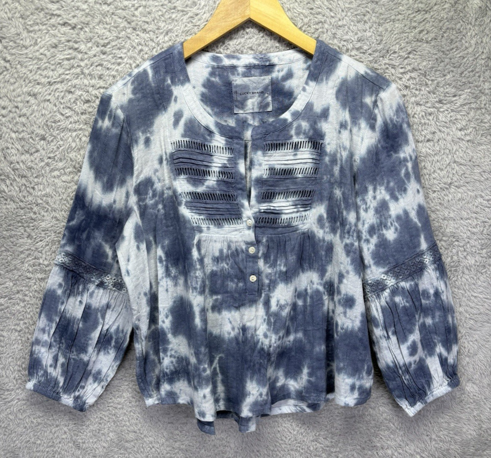 Lucky Brand Femme Top Womens M Blue White Split Neck Balloon Sleeve Boho Blouse