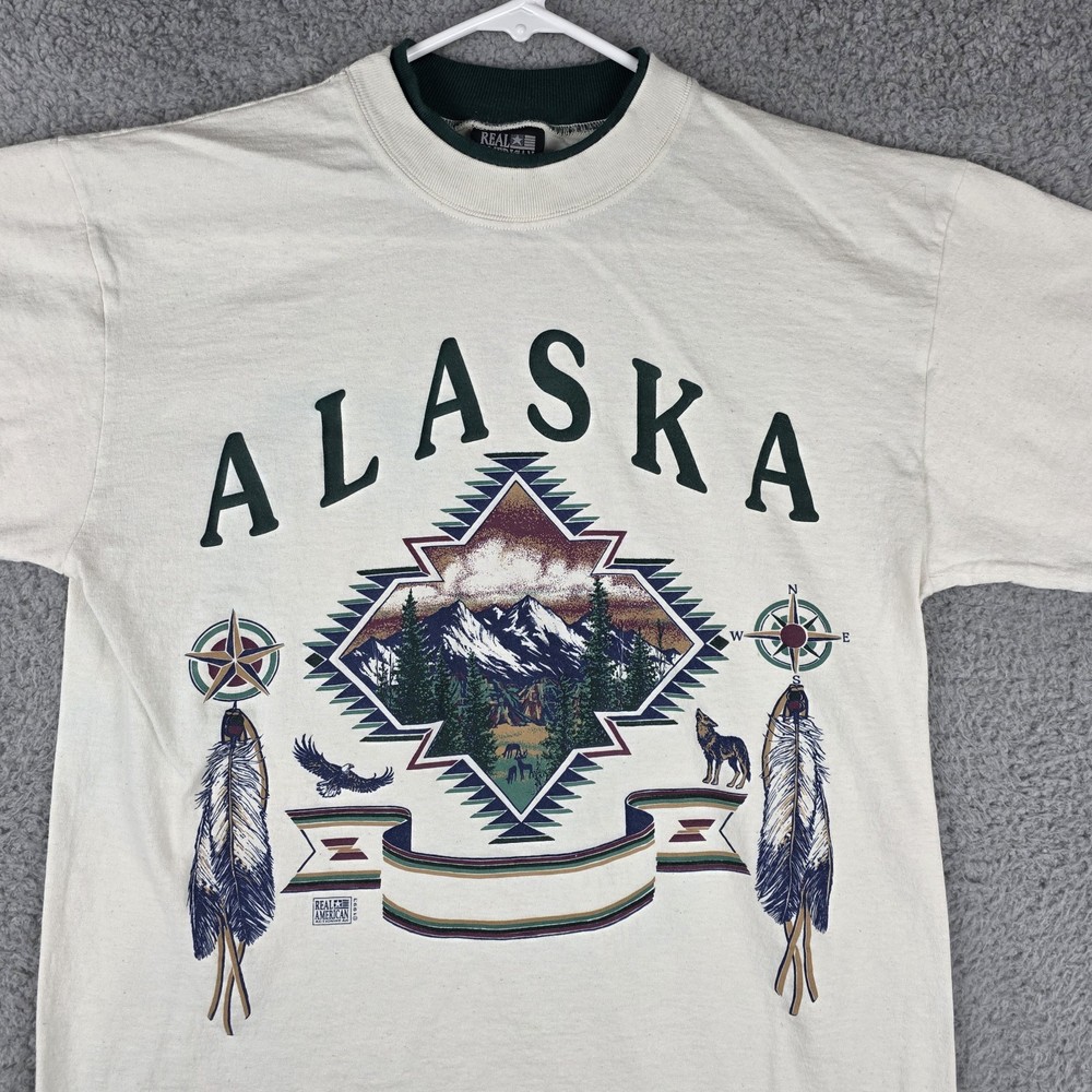 Vintage Alaska Shirt Mens Medium White 90s Graphic Tee Single Stitch Native USA