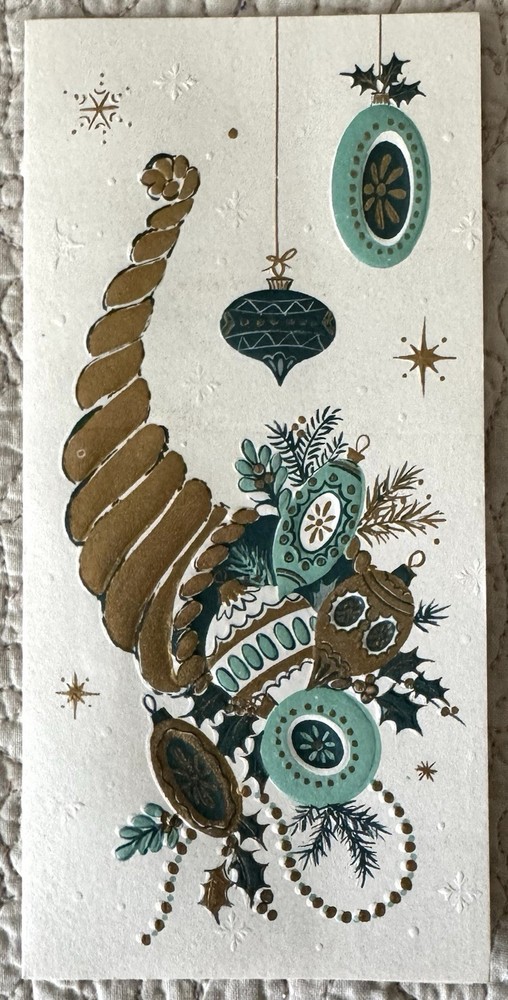 Unused Christmas Cornucopia Shiny Brite Ornaments Greeting Card 1950s 1960s