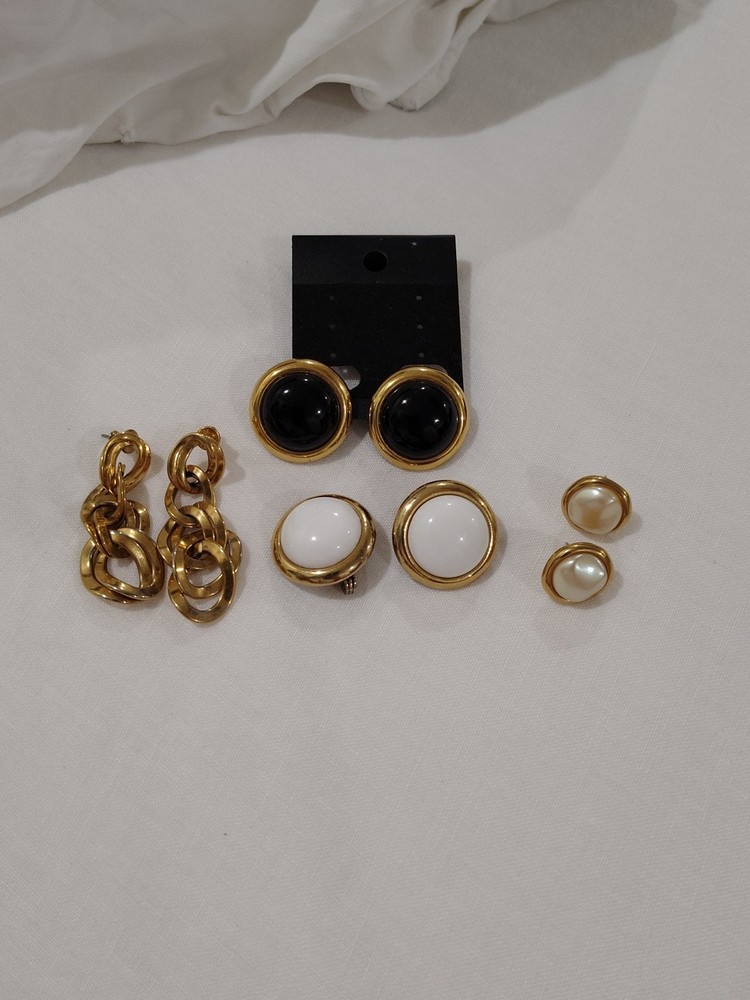 3 PAIRS VTG MONET EARRINGS SIGNED  Gold Dangle, Black Clip On, Gold Pearl Faux