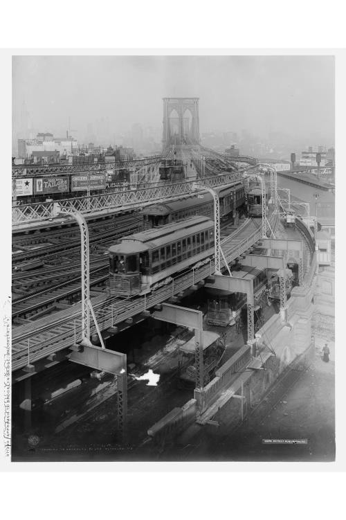 Approach, elevated railroads, carts, wagon, trains, Brooklyn Bridge, New York,