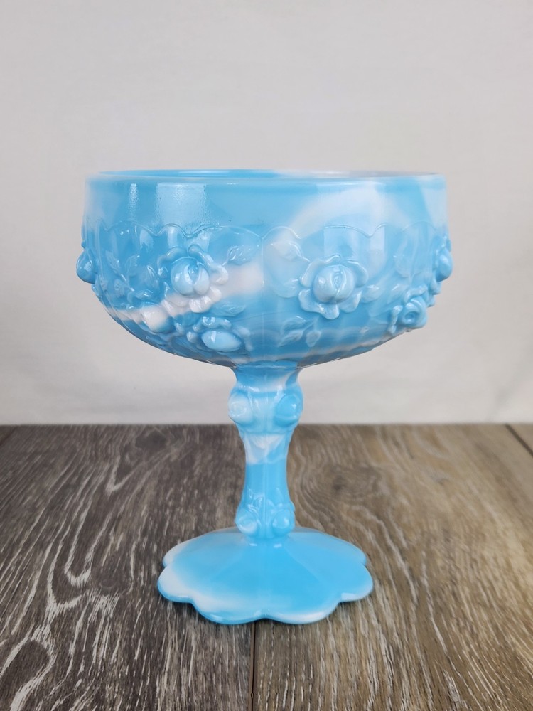 Fenton Blue Marble Slag Glass Cabbage Rose Candy Dish - Vintage Home Accents