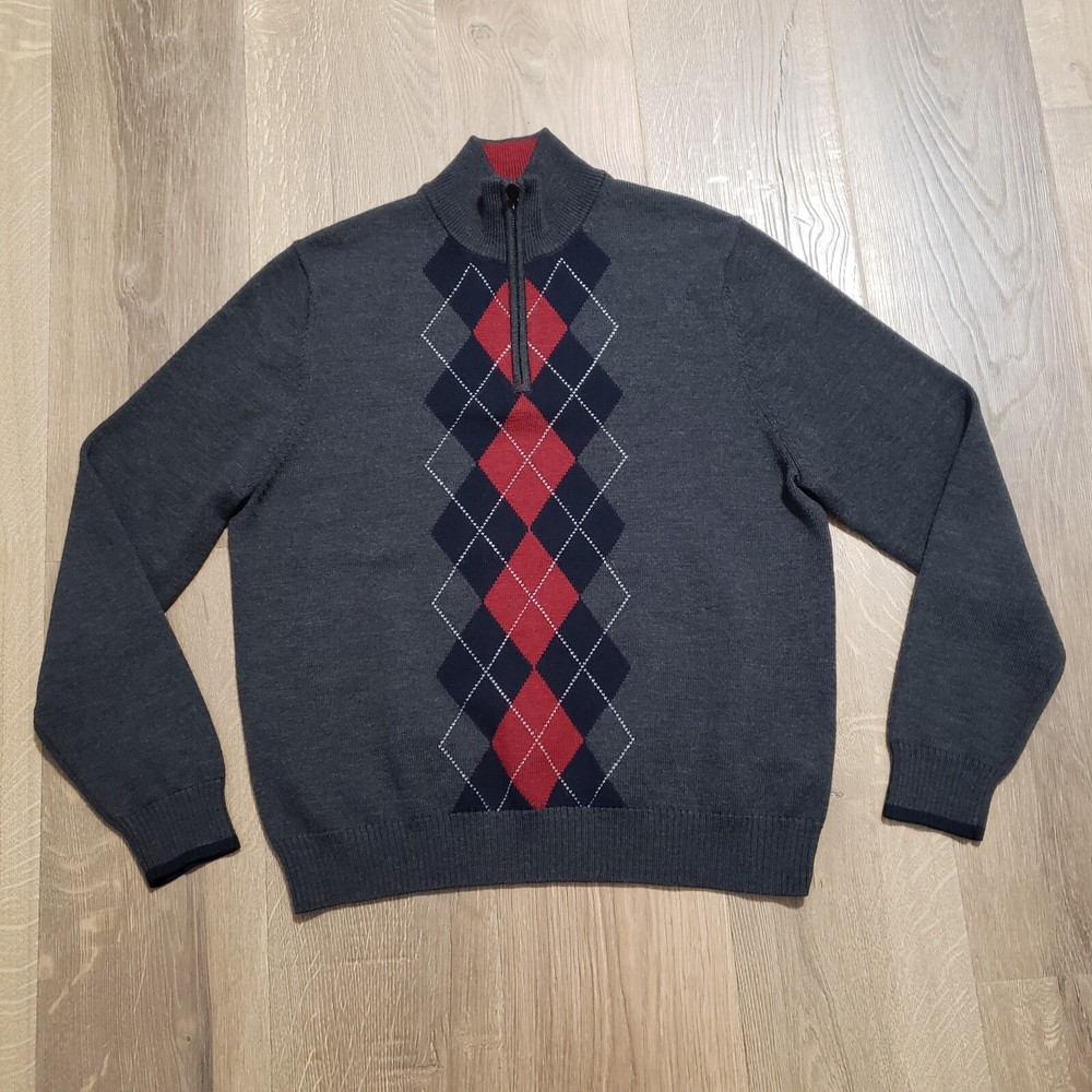 Brooks Brothers Mens Sweater Medium Italian Merino Wool Argyle 1/4 Zip Gray