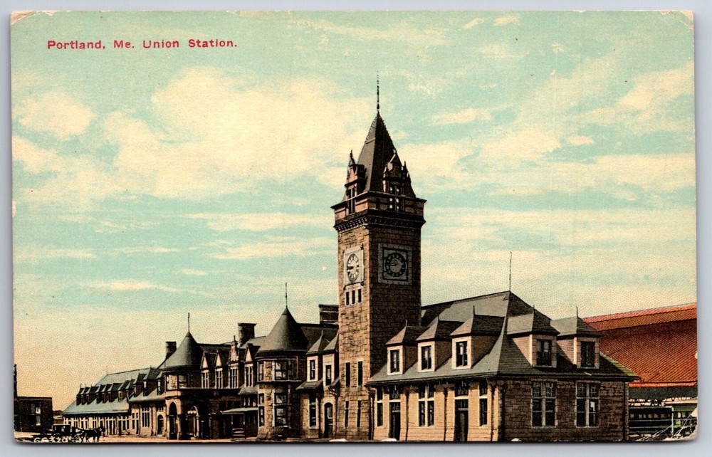 Transport~Portland Maine~Birds Eye View Of Union Train Station~Vintage Postcard