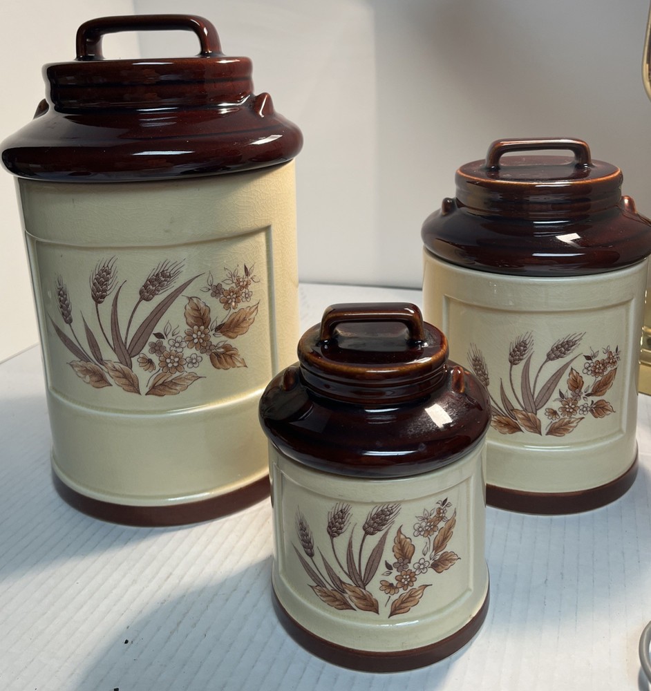 Vintage Sears Roebuck Harvest Wheat Ceramic Canister Set of 3 1970s Japan NICE