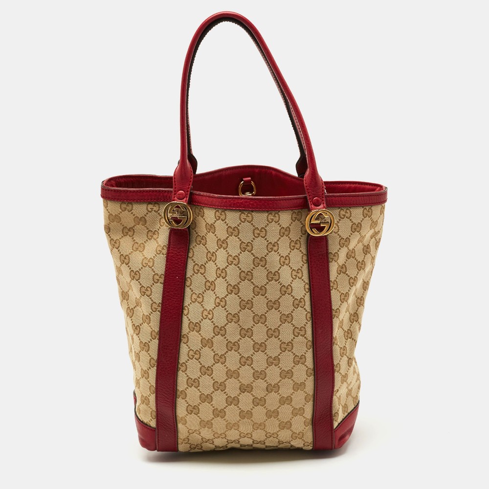 Gucci GG Twins Tote in Red Beige Canvas and Leather