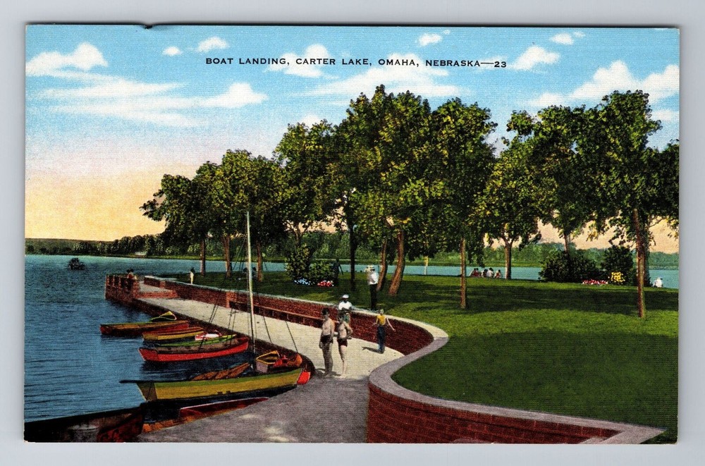Omaha NE-Nebraska, Boat Landing, Carter Lake, Antique, Vintage Souvenir Postcard