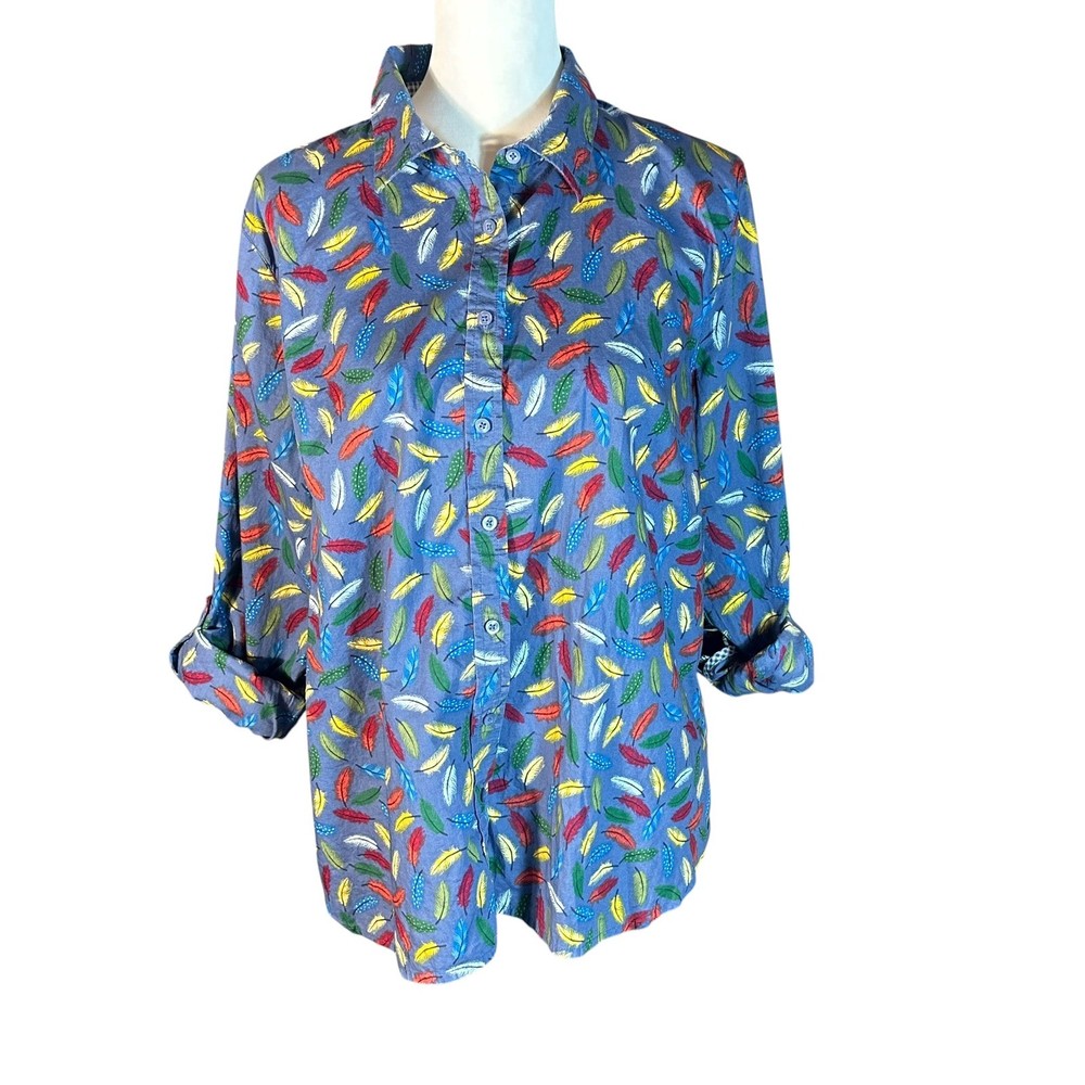 Talbots Button Down Shirt Women XLP Blue Feather Print Long Sleeve Cotton