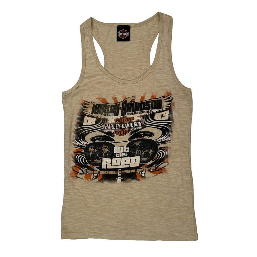 Harley Davidson Graphic Tank Top - Large Beige Cotton