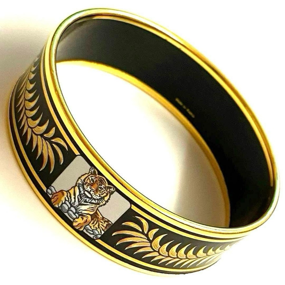 HERMES Enamel Bangle Bracelet Tiger Black Gold used