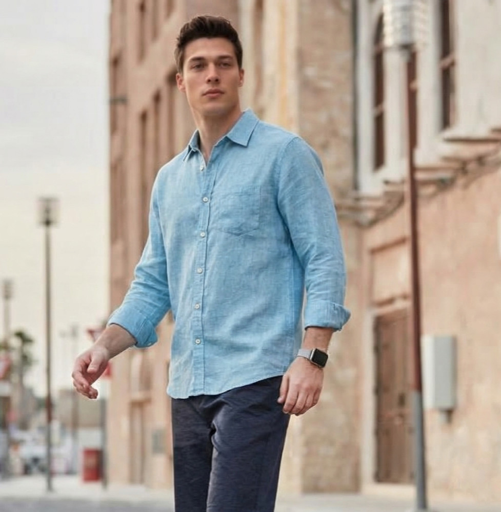 Banana Republic Men’s 100% Linen Classic Fit Light Blue Button Down Shirt Large
