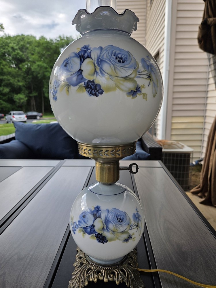 Vintage Gone With The Wind Hurricane Lamp Hand Painted Blue Roses Milk Glass 21