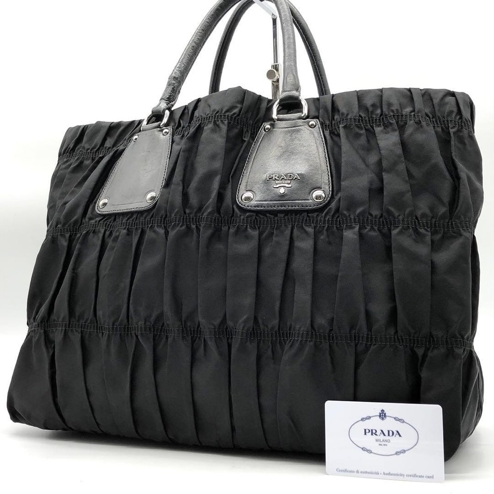 Prada Black Nylon Leather Tote Bag with Metal Logo in A4 Size