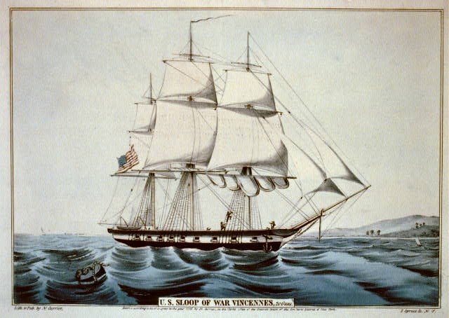 U.S. sloop of war Vincennes: 20 guns,Currier & Ives photo,American Flag,c1845