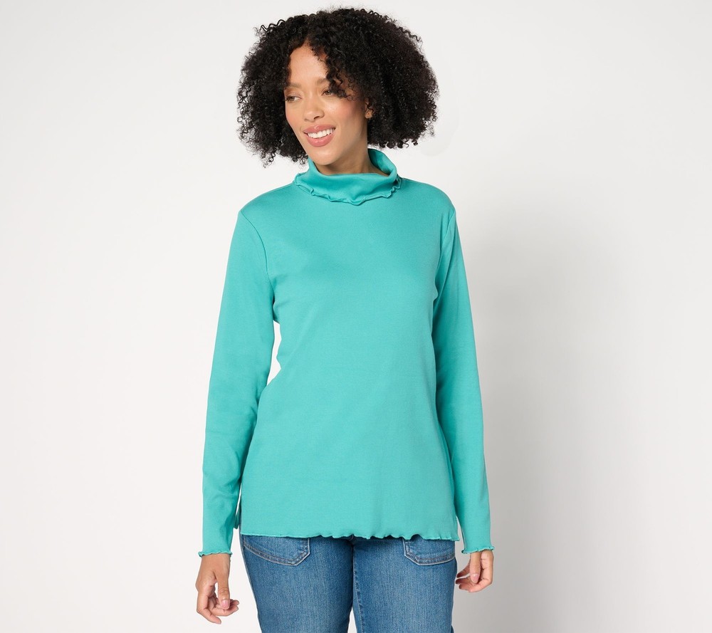 Isaac Mizrahi Live! Women's Top Sz L Essentials Pima Rib Turtleneck Green