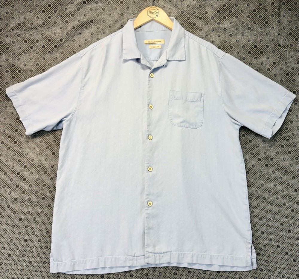 Tommy Bahama Button Up Shirt Blue Large Silk Short Sleeve Shirt
