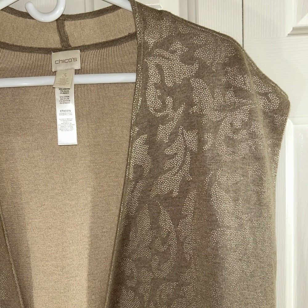 Chico’s Traveler’s Women’s Sz 3(14/16) Long Open Vest Tan w Metallic Floral