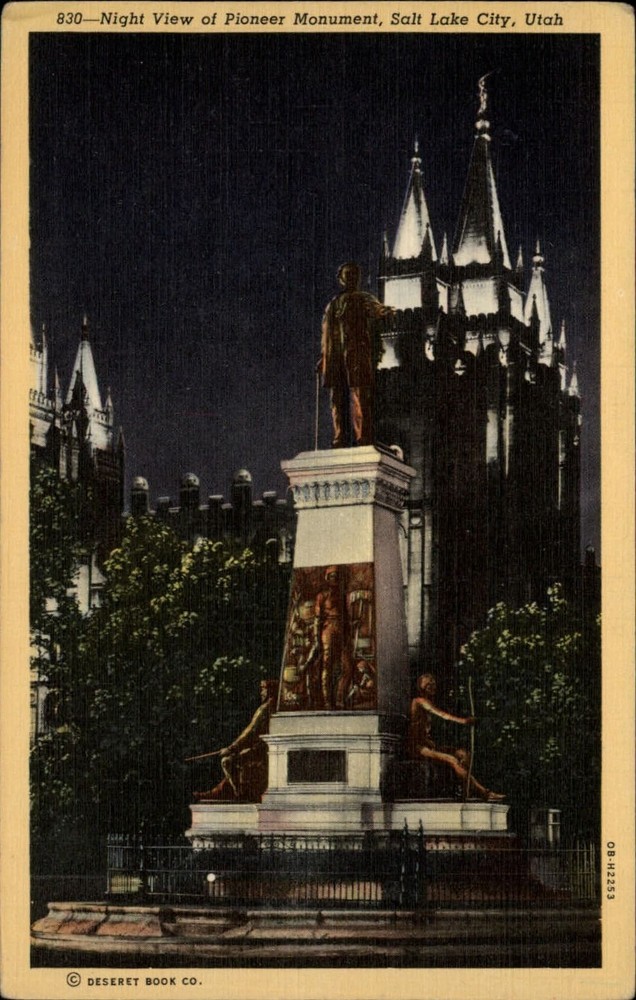 Pioneer Monument night view Salt Lake City Utah ~ 1930s linen postcard