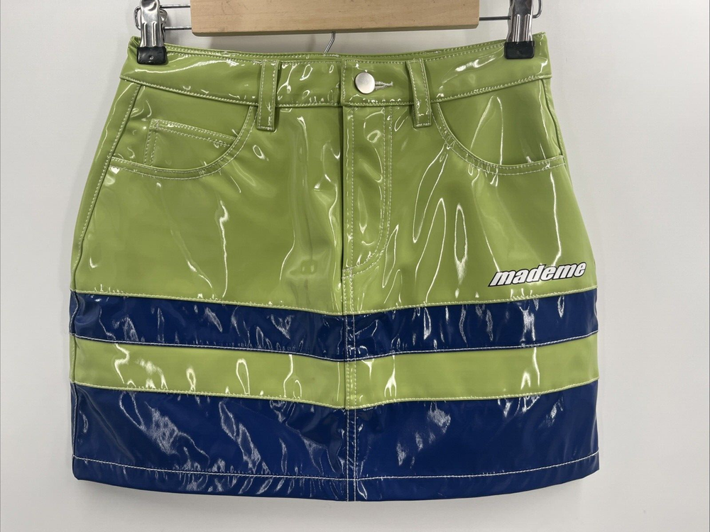 Madame NYC Women's Green & Blue Mini Skirt - PU/Cotton/Poly Blend - XS