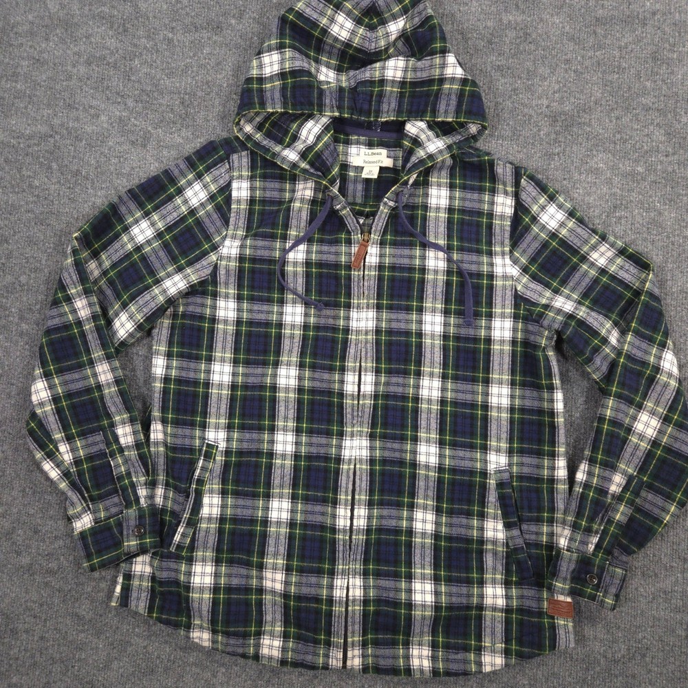 LL Bean Flannel Hoodie Womens M Blue Green Scotch Plaid Full Zip Relaxed Fit