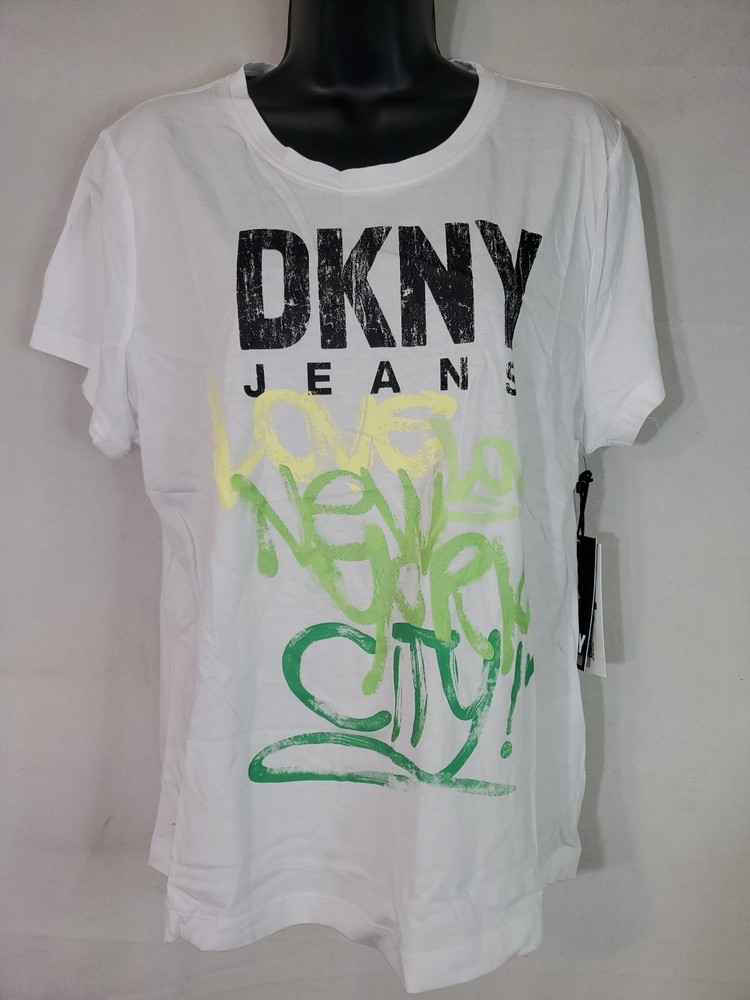 DKNY Jeans T-shirt Womens Size Large Graffiti Logo White NYC Streetwear Crewneck