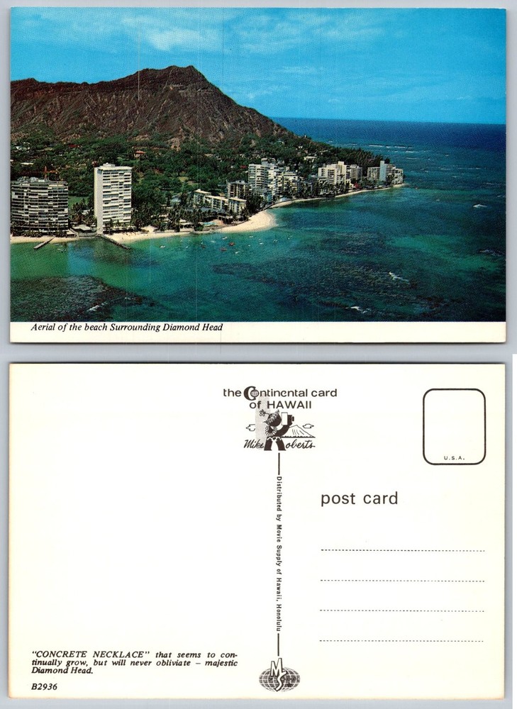 Vintage Hawaii Postcard Diamond Head Waikiki Beach Aerial View Mike Roberts