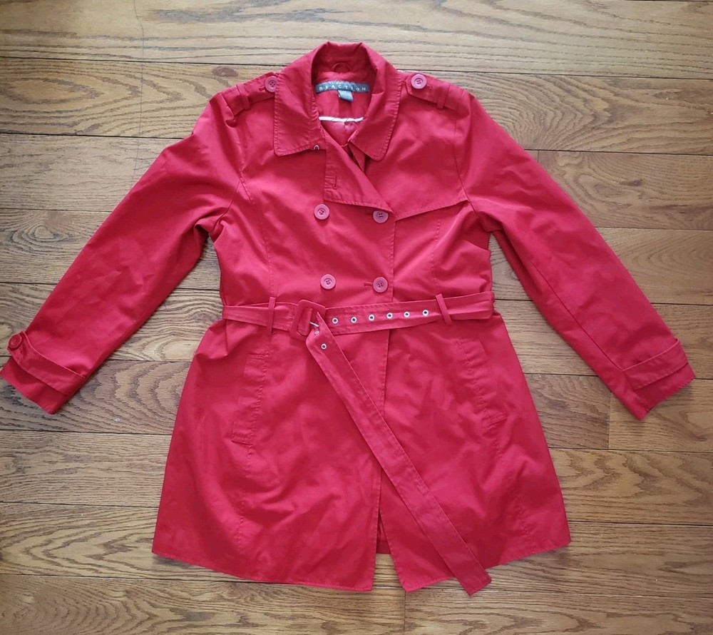 Kenneth Cole Reaction Women’s Red Trench Coat Jacket Sz Large Cotton Blend