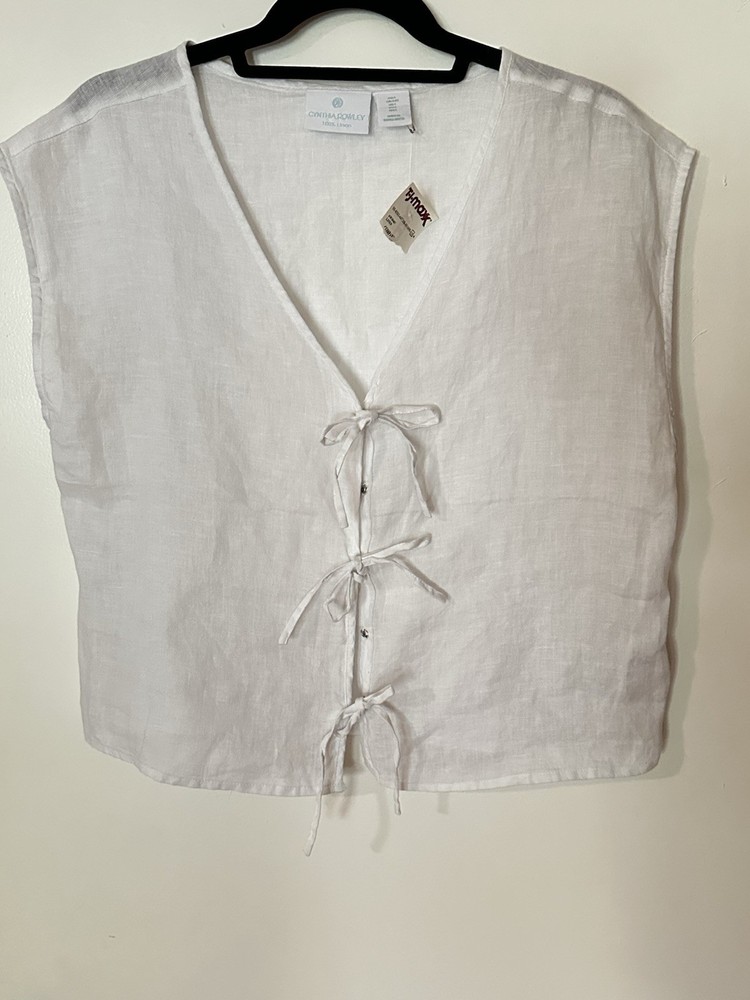 Cynthia Rowley Women's 100% Linen White Tie Front Sleeveless Blouse Size L