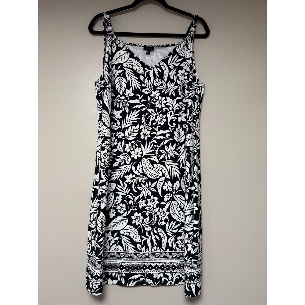 Talbots Women's L Black White Floral Sleeveless Dress Summer Casual