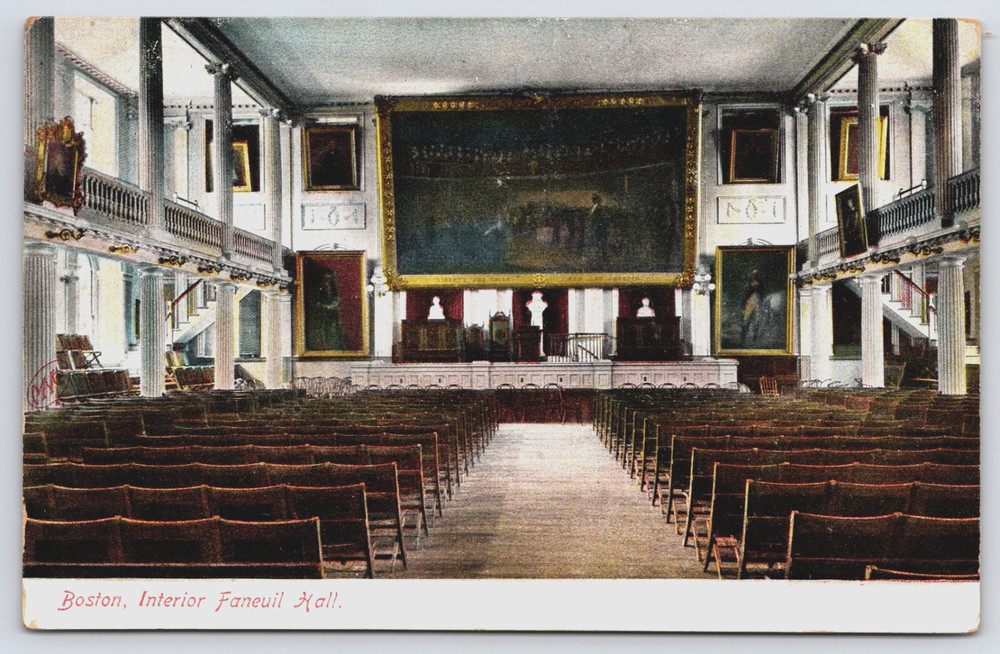 Boston Massachusetts Faneuil Hall Interior Pillars Chairs Vintage Postcard