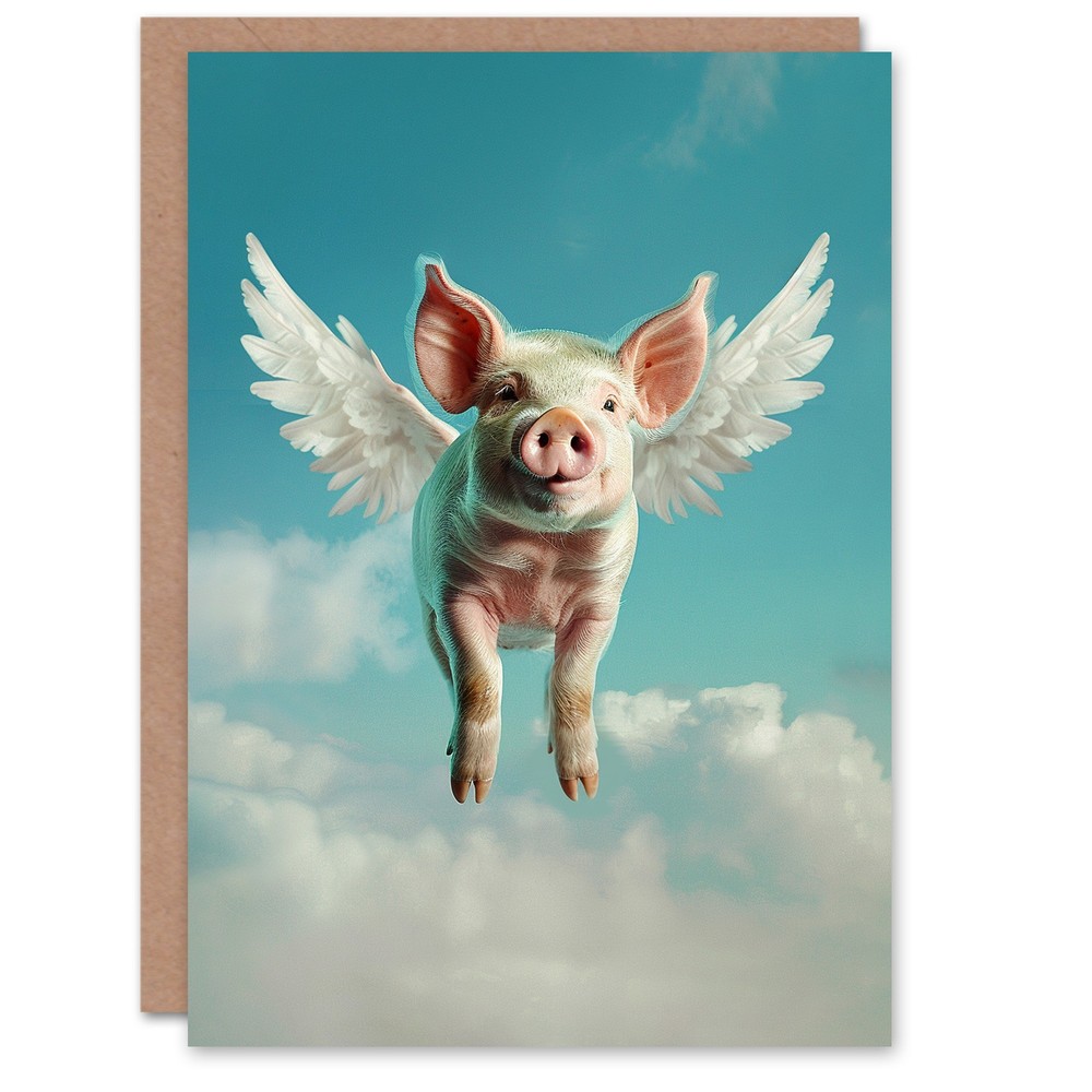 Birthday Card Flying Pig Cute Animal Lover Wings Angel For Him Her Greeting Card