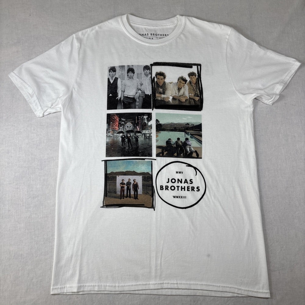Jonas Brothers Band Tee White Size Large 5 Graphic Albums Tour Dates