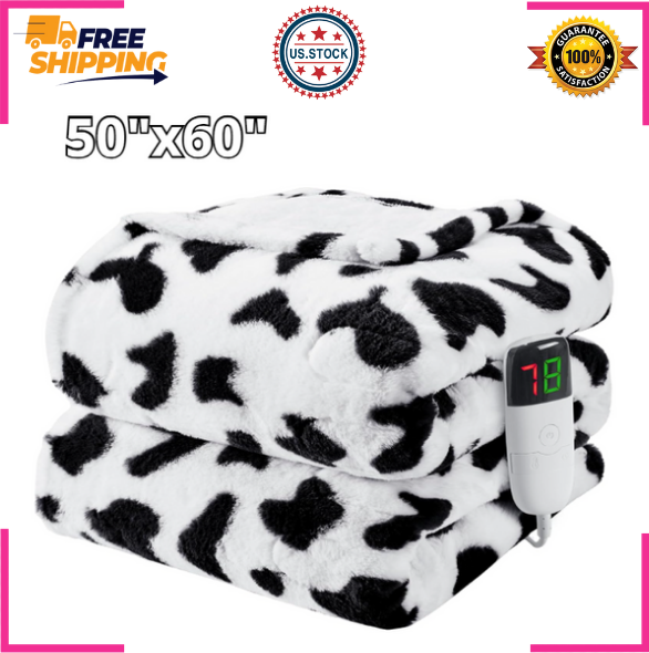 Cow Print Heated Blanket Electric Throw, 50X60 Faux Rabbit Fur Heating Blanket w