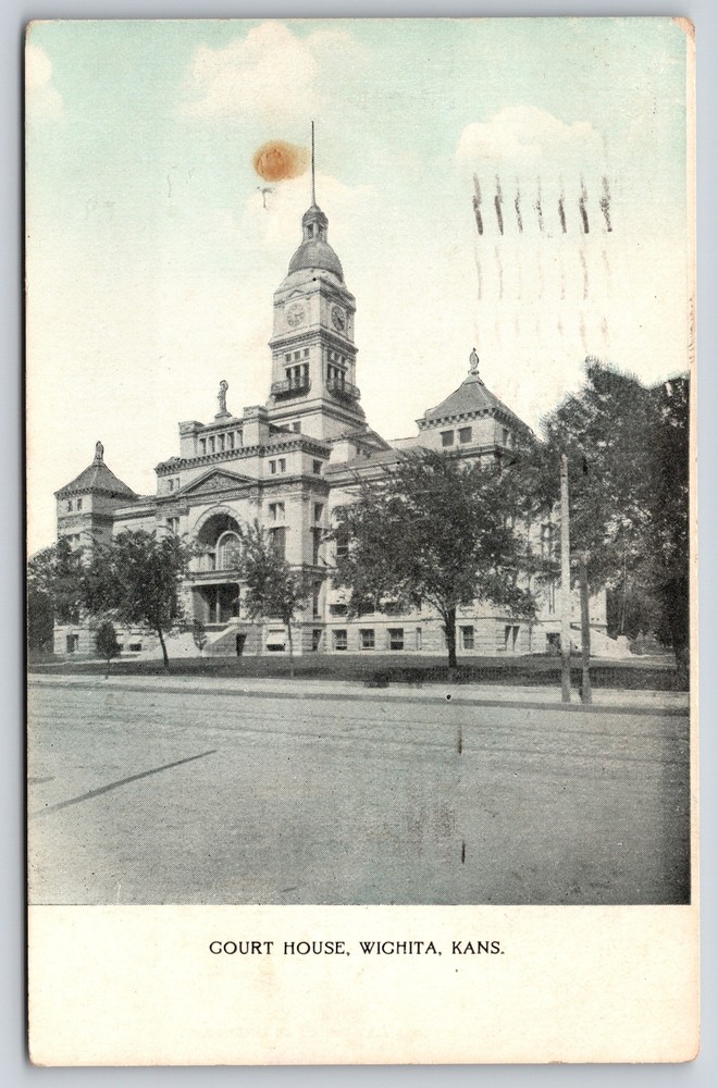 Wichita Kansas~Front of Courthouse Building B&W~Vintage Postcard