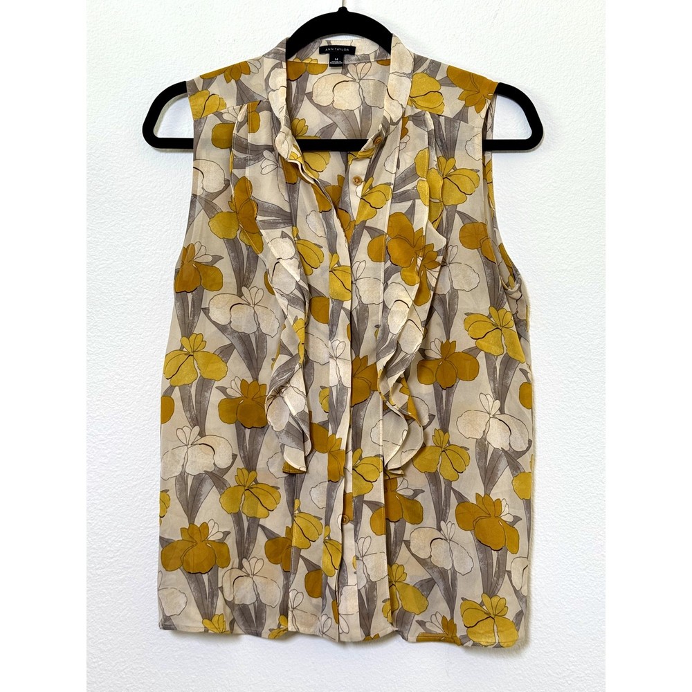 Ann Taylor Sleeveless Floral Iris Ruffle Blouse Mustard Yellow Brown Grey Medium