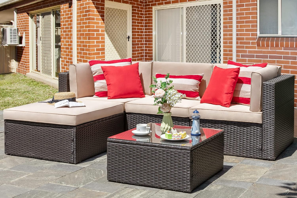 5-Piece Patio Furniture Set, All-Weather Rattan Sectional Sofa & Glass Table
