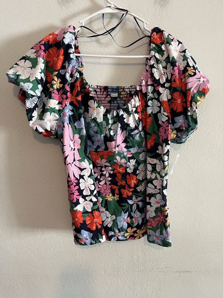 Old Navy NWT Waist-Defined Navy Floral V-Neck Blouse Sz XL Puff Sleeve Summer