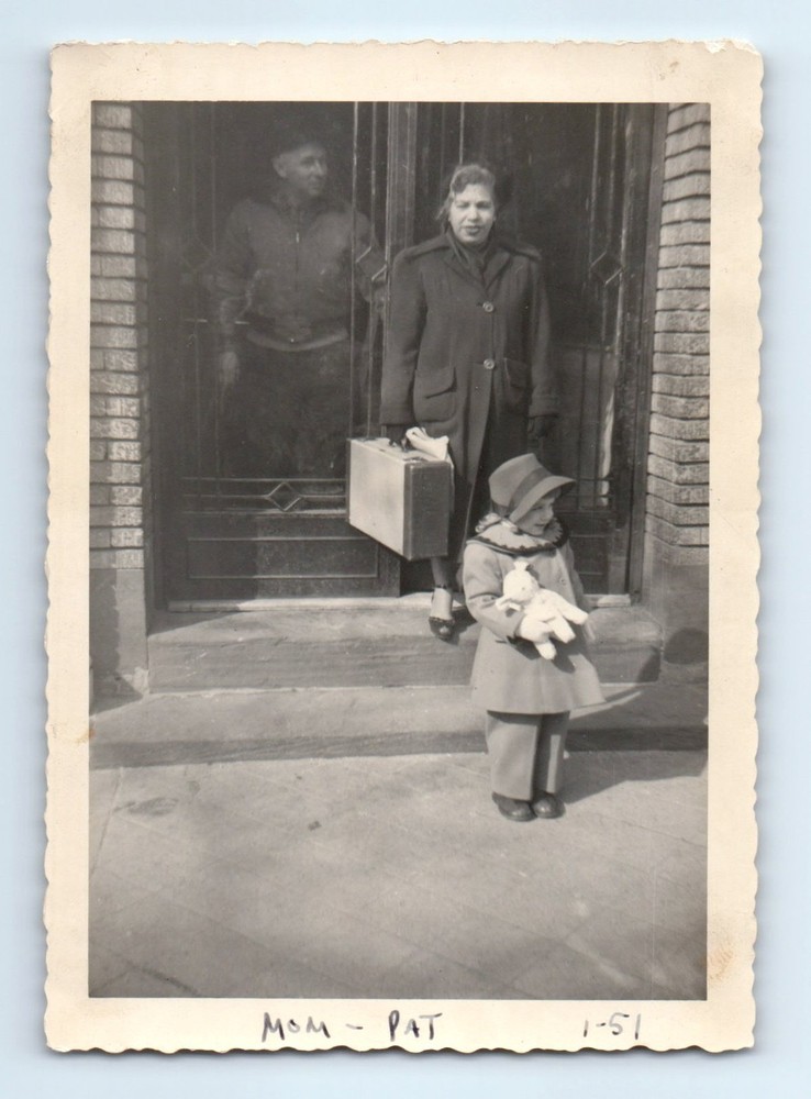 Old Vintage Photo MAN WOMAN WITH SUITCASE GIRL TOY DOLL 1951 SNAPSHOT