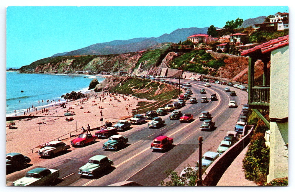 Santa Monica California Coast Highway Beach Cars People Vintage Photo Postcard