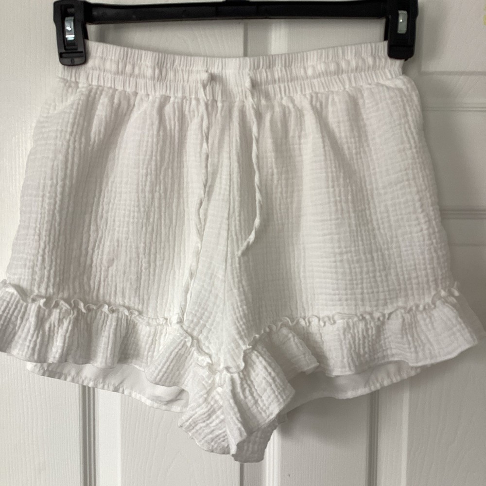 Pink Lily Ruffle Gauze White Shorts M Women's Elastic Waist Lightweight