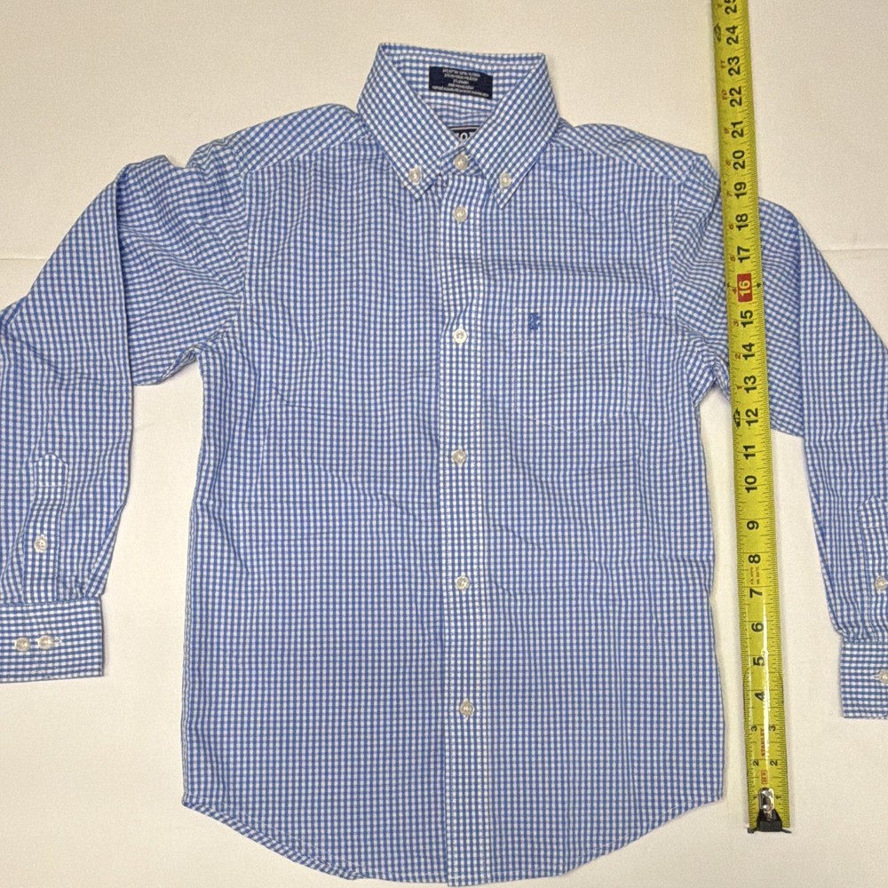 IZOD Boys Stretch Gingham Button-Down Dress Shirt Long Sleeve Blue/White 10
