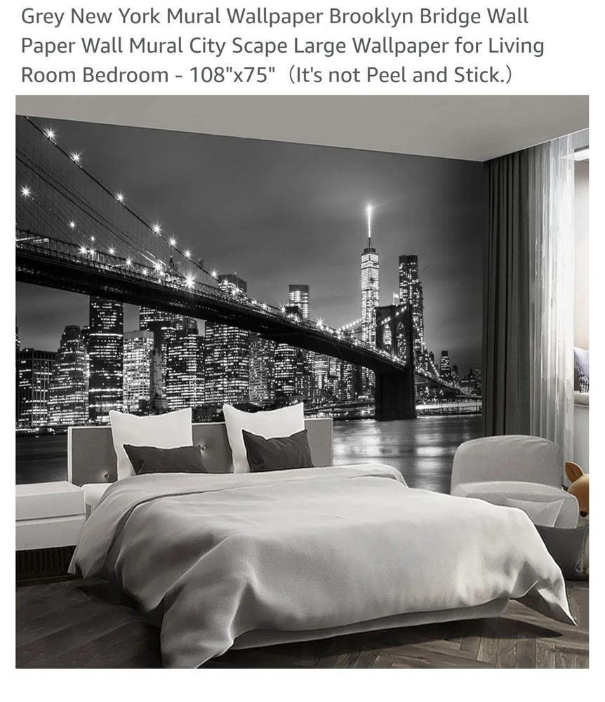 Grey New York Mural Wallpaper Brooklyn Bridge Wall Paper Wall Mural City Scape L
