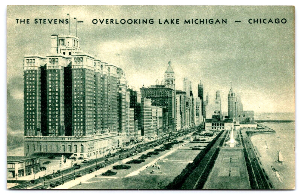 Chicago Illinois Stevens Hotel Lake Michigan Boats Street View Vintage Postcard