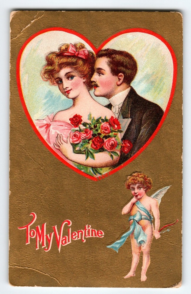 Valentine Postcard Cupid Angel Lovers Man Women Heart Roses Vintage Antique