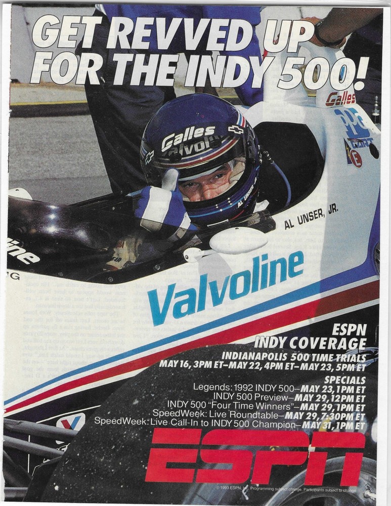 Indy 500 Al Unser Jr.   Espn  Original Print Ad