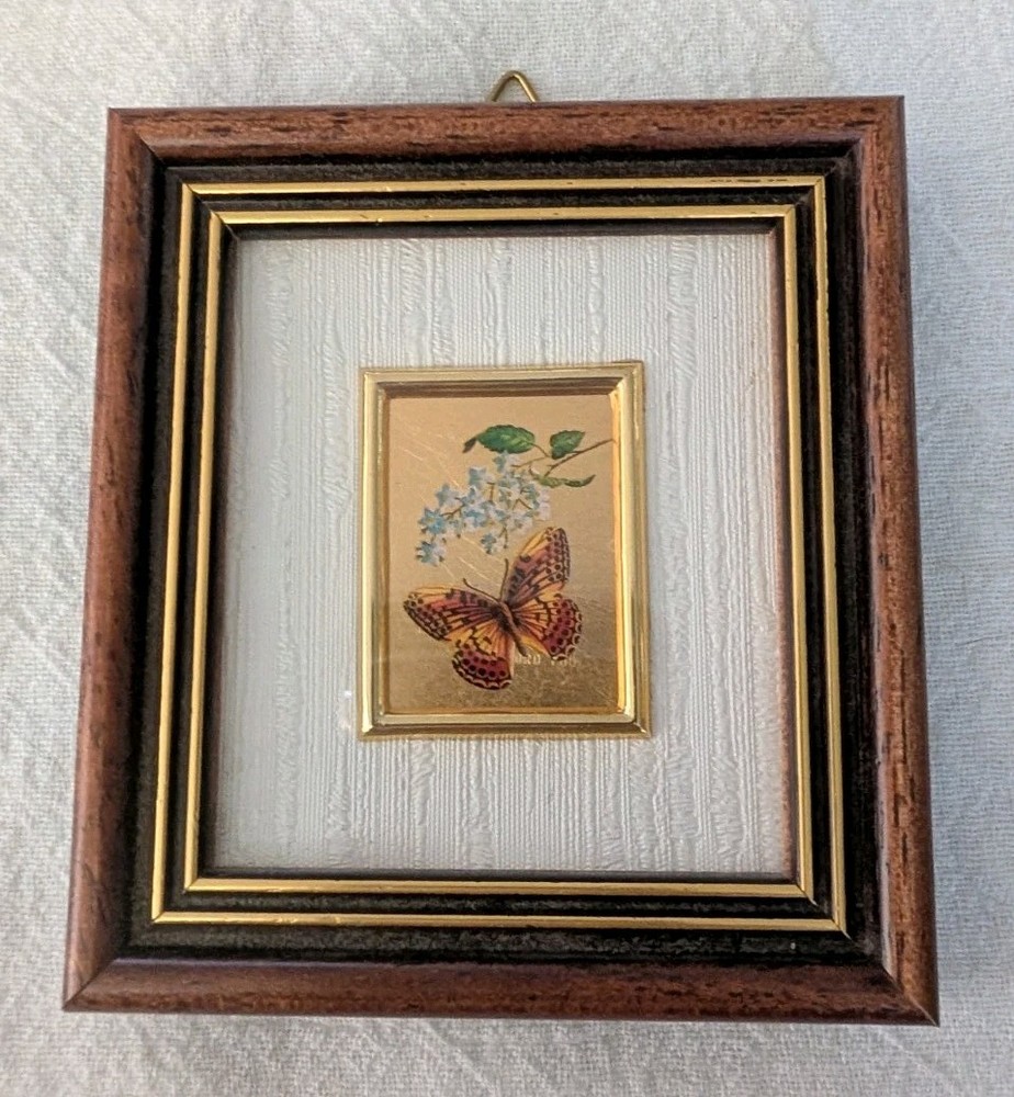 Butterfly W Flowers Framed Art Mini Small Gold Tone Decor Square Vtg Italian