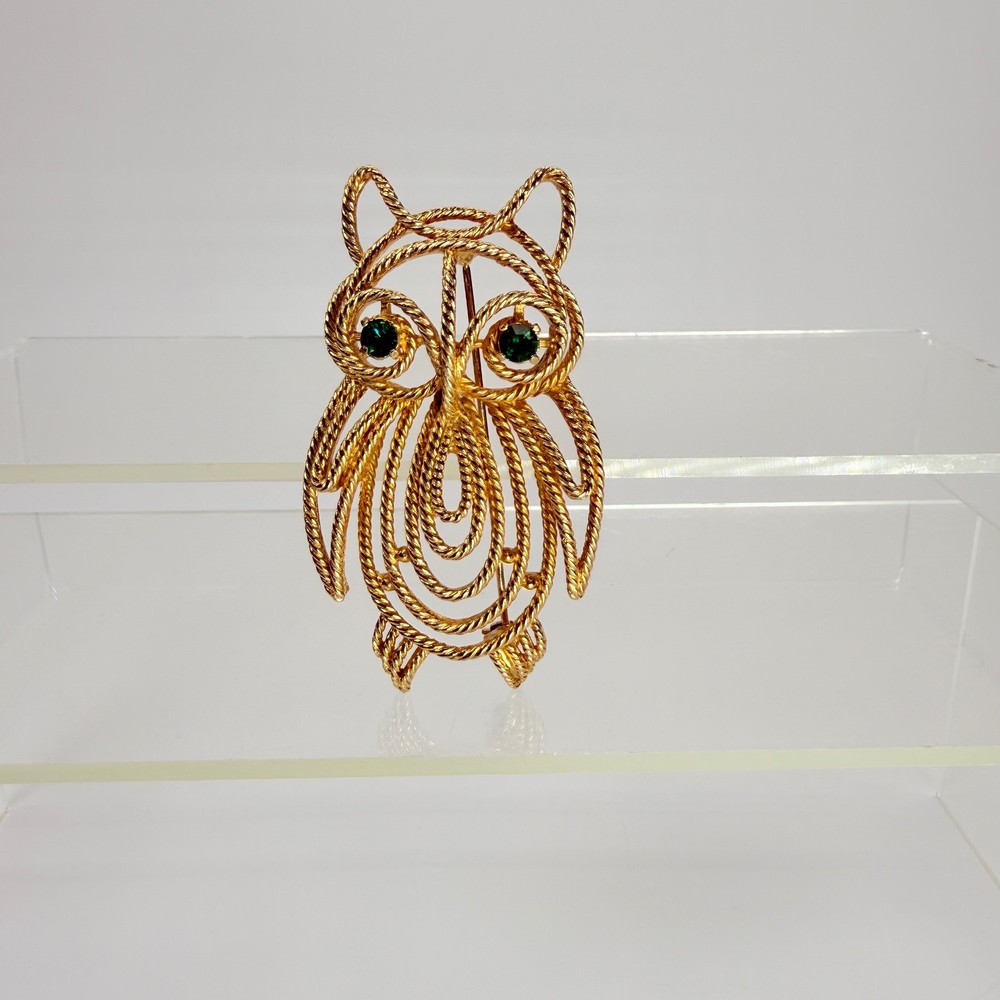 Vintage Napier Owl Brooch with Green Gemstone Eyes Unique Design